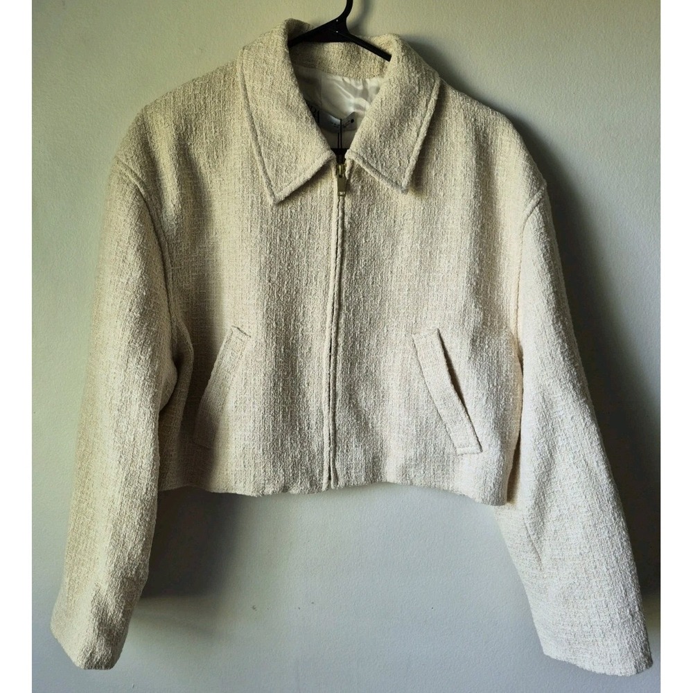 Zara Womens Bomber Jacket Ecru Collared Front Pockets Size Medium NWT
